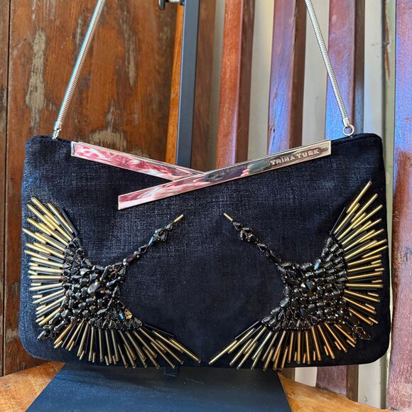 Trina Turk Miho Hand Beaded Clutch Shoulder Bag / Black Leather / Rare - Picture 13 of 14